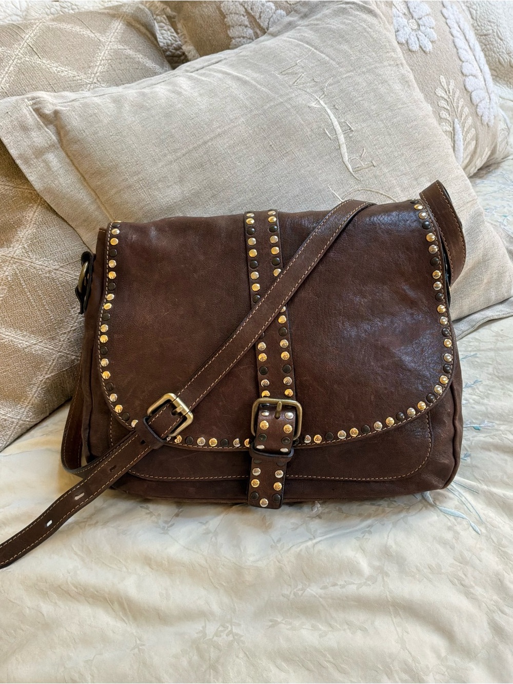 Brown Studded Leather Messenger Bag